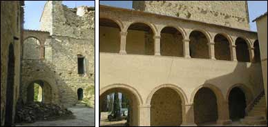MONTEDIL - La loggia della corte prima e dopo il restauro